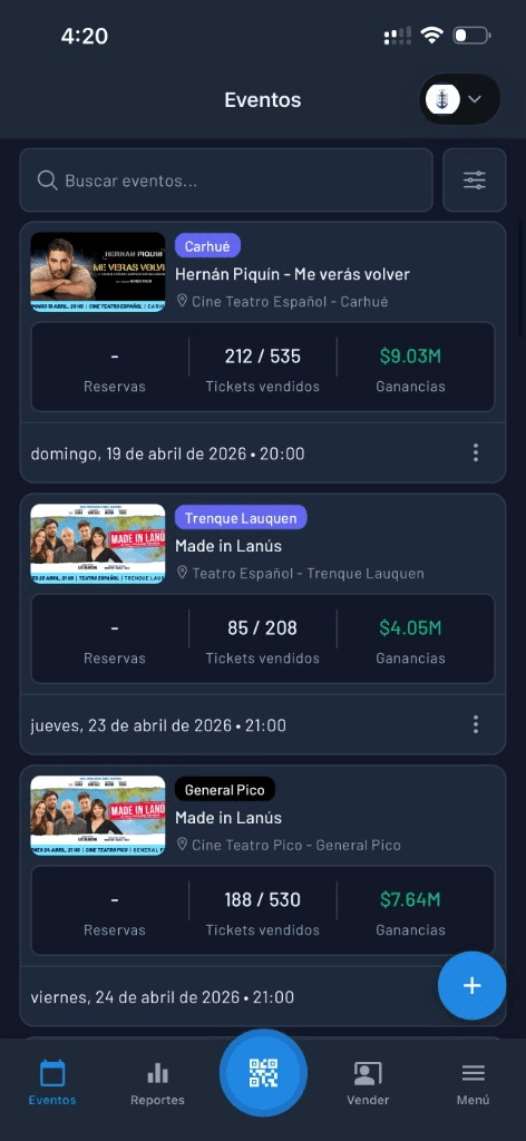 App mobile Fanz — elenco eventi